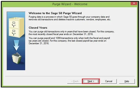 Purge Old Employees in Sage 50 3 Purge Wizard - Welcome