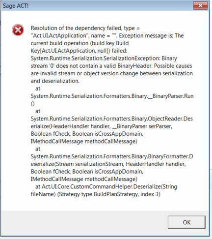 Sage Act Error Resolution of the Dependency Failed