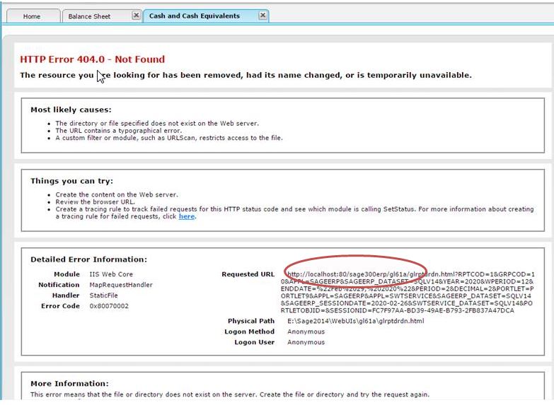 Sage 50 404 Error While Loading Portal