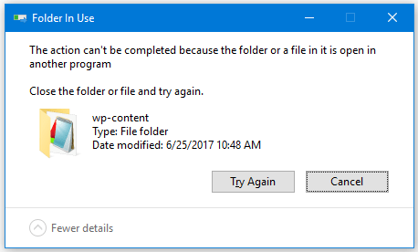 The action cant be completed because the file is open in another program