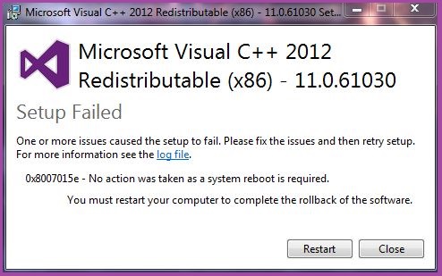 Redistributable Package x86 appears to have failed.