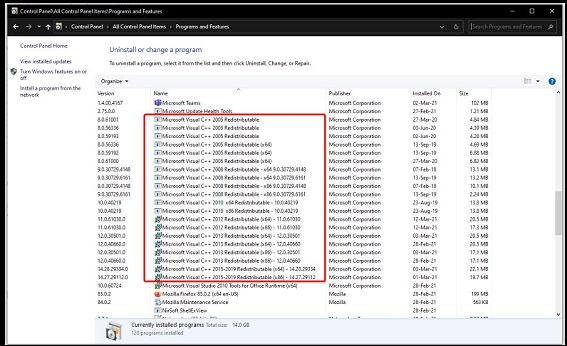 Reinstall Microsoft Visual C++ Redistributable Package (x86)