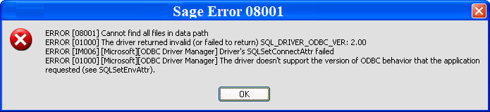 Sage 50 Error SQL State 08001 1