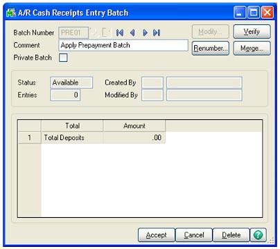 Accounts Receivable Cash Receipts Entry Batch Screen window