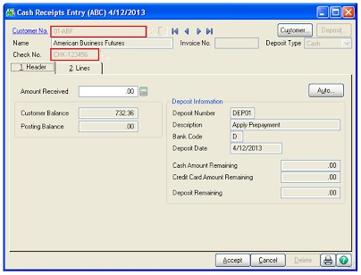 Cash Receipt Entry screen