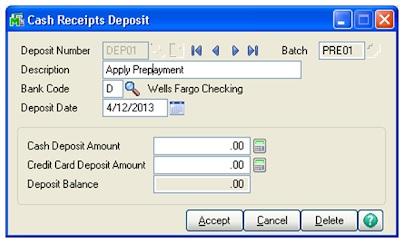 Cash Receipts Deposit screen
