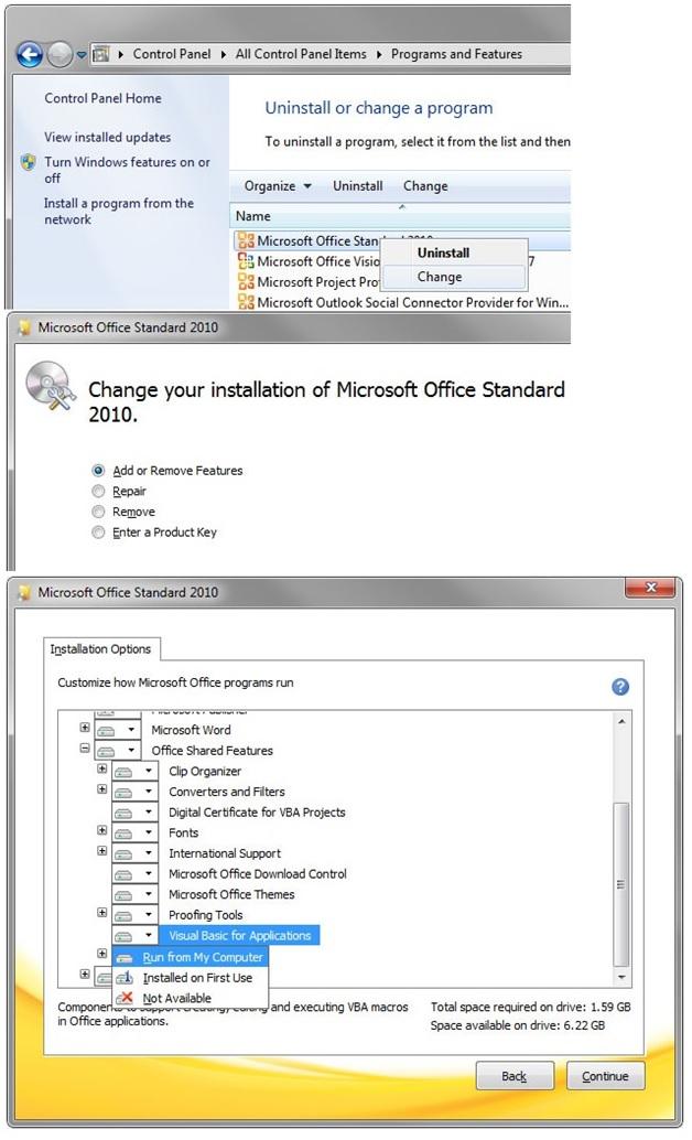 repair/change installation of Excel from the Control Panel