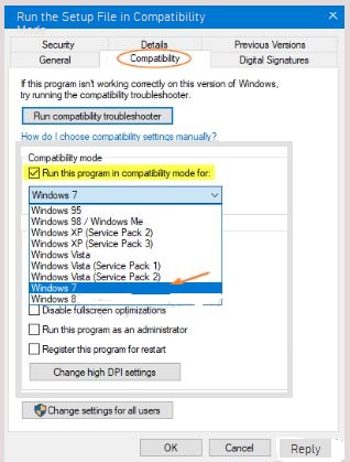 Run the Setup File in Compatibility Mode window