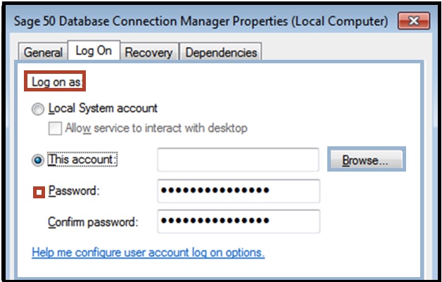 Sage 50 database connection manager properties  window