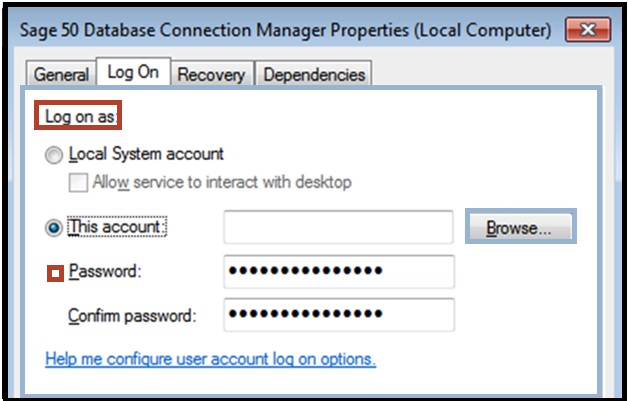 Sage 50 database connection manager properties window