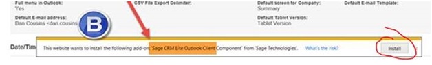 Sage crm user outlook window