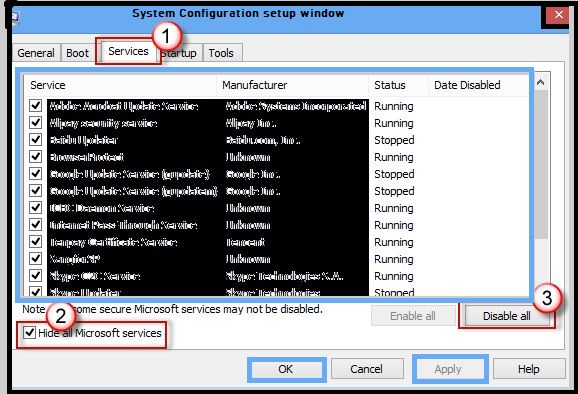 System Configuration setup window