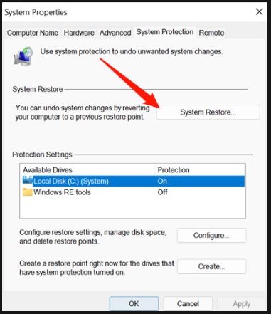 System Restore manually window