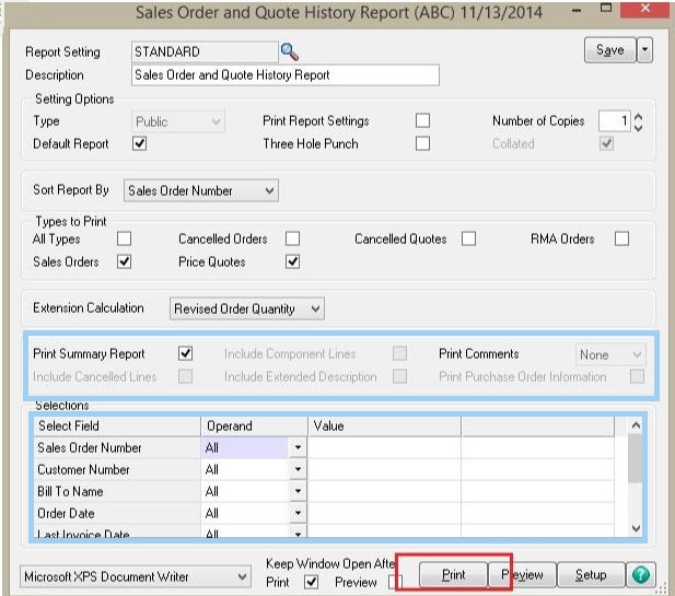 sales order and history report abc window