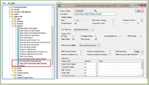 sales order and history report window