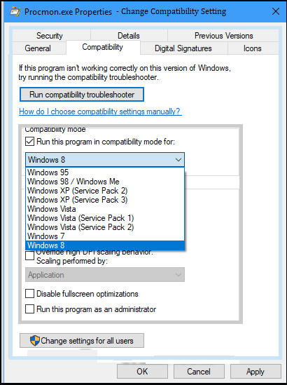 Change Compatibility Setting window