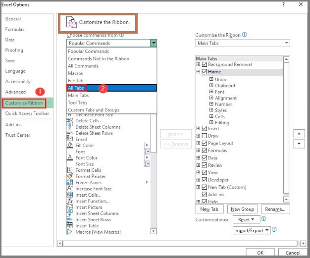 Excel options window