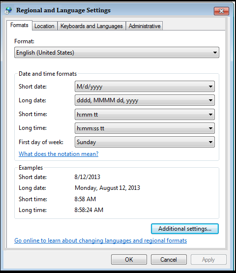 Regional and Language Settings window