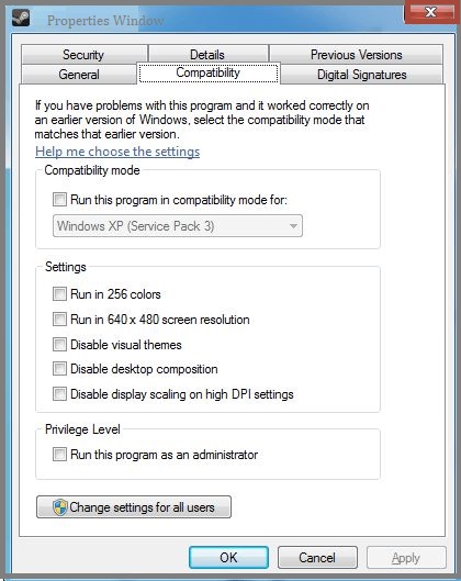 compatibility mode properties window