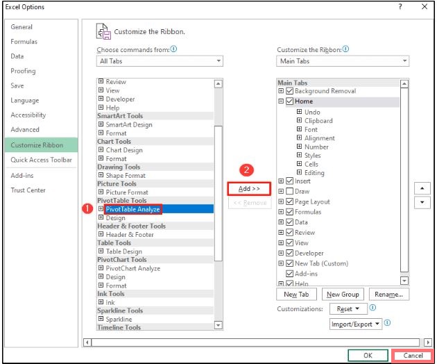 excel options customize ribbon