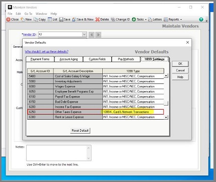 Settings in Vendor Maintenance Window