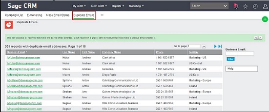 Sage CRM Duplicate Emails window