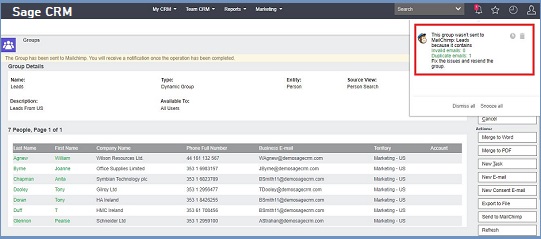 Sage CRM mailchimp notification window