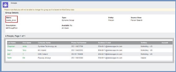 Sage crm group details window