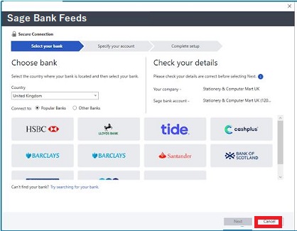 sage bank feeds window