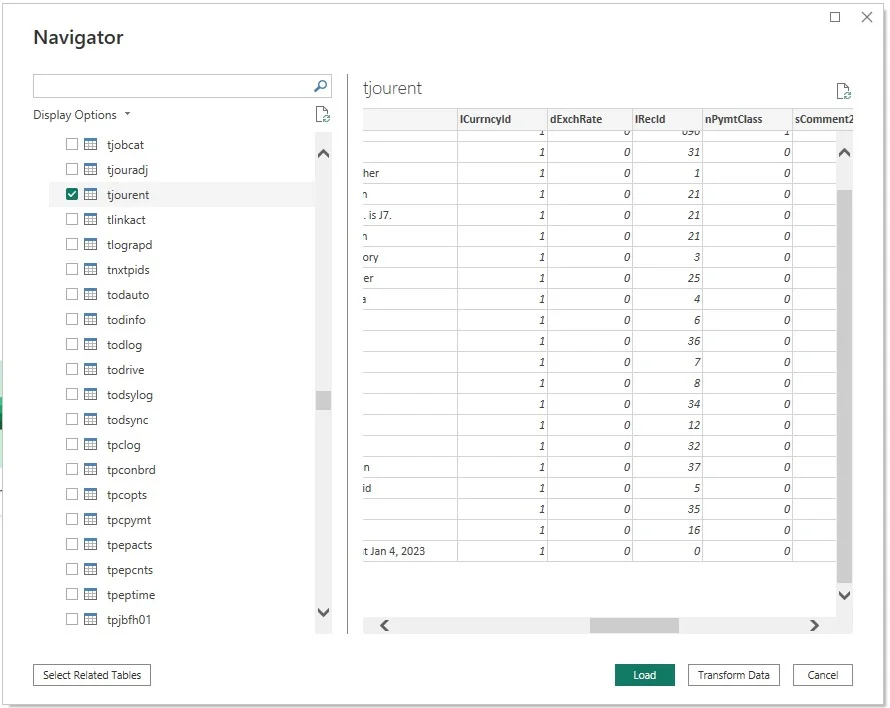 To Import tables from the Sage 50 database Over to Power BI