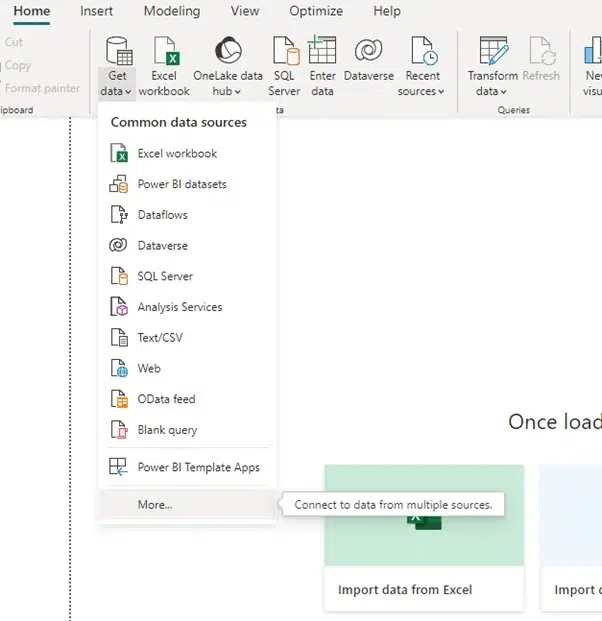 menu with data sources in Microsoft Power BI desktop