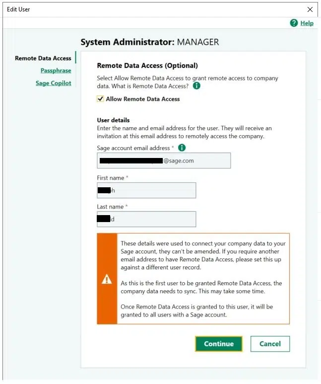 Allow Remote Data Access checkbox, verify your details, and click Continue